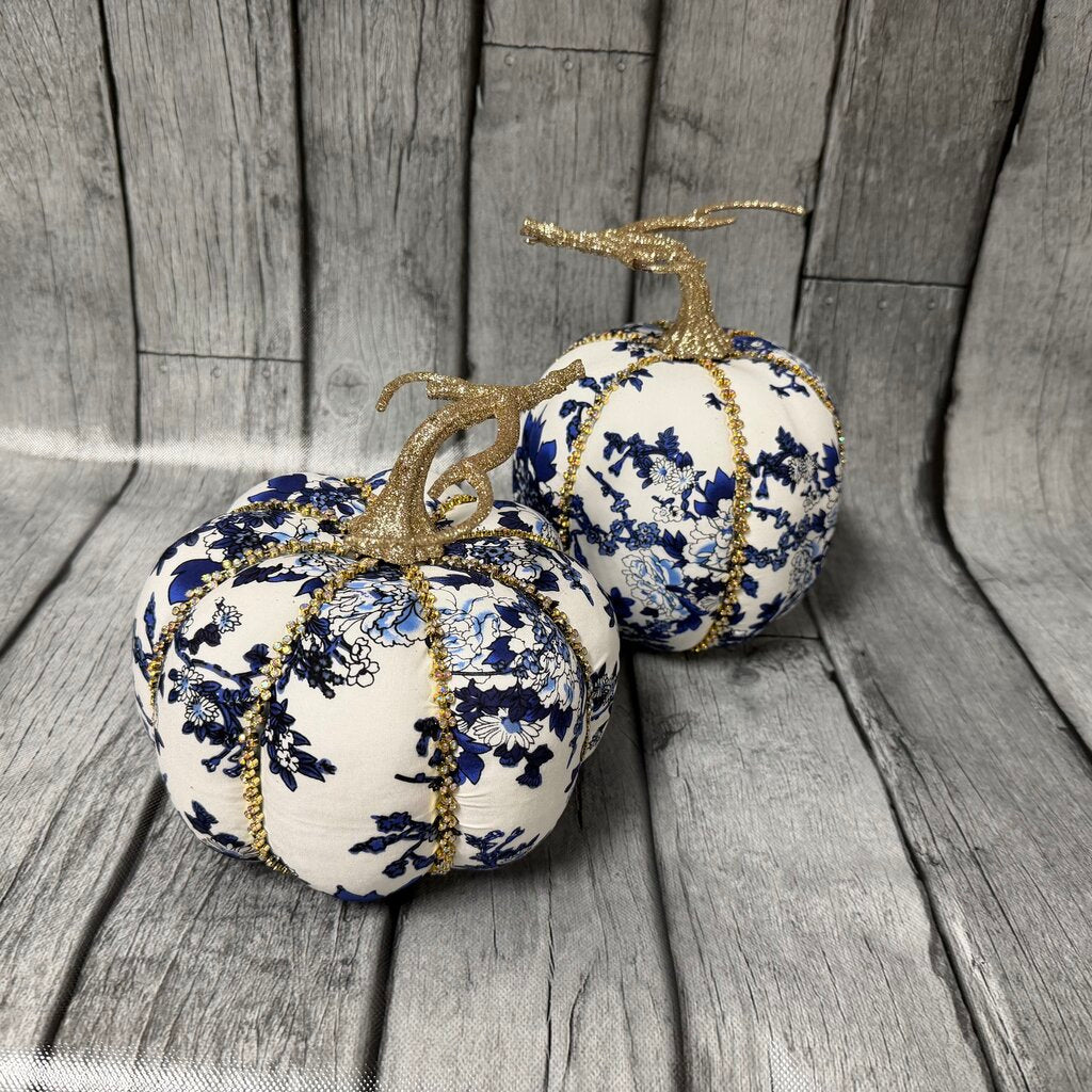 Pair Blue + White Fabric Wrapped Pumpkins