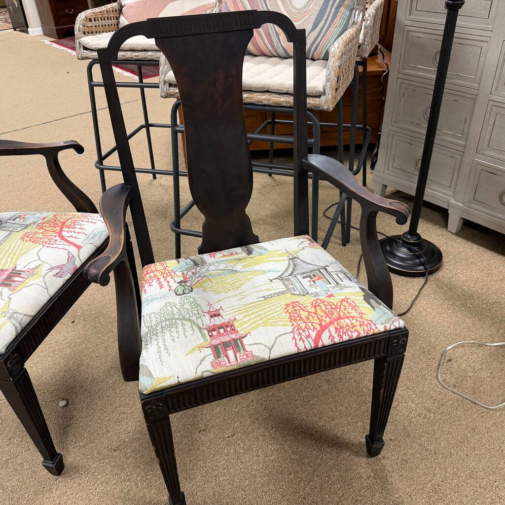 Pair Vintage Wood Armchairs w/Chinoiserie Upholstery