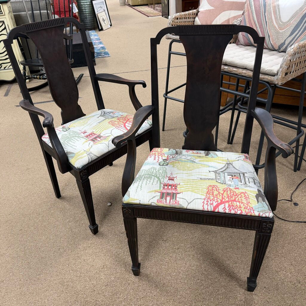 Pair Vintage Wood Armchairs w/Chinoiserie Upholstery