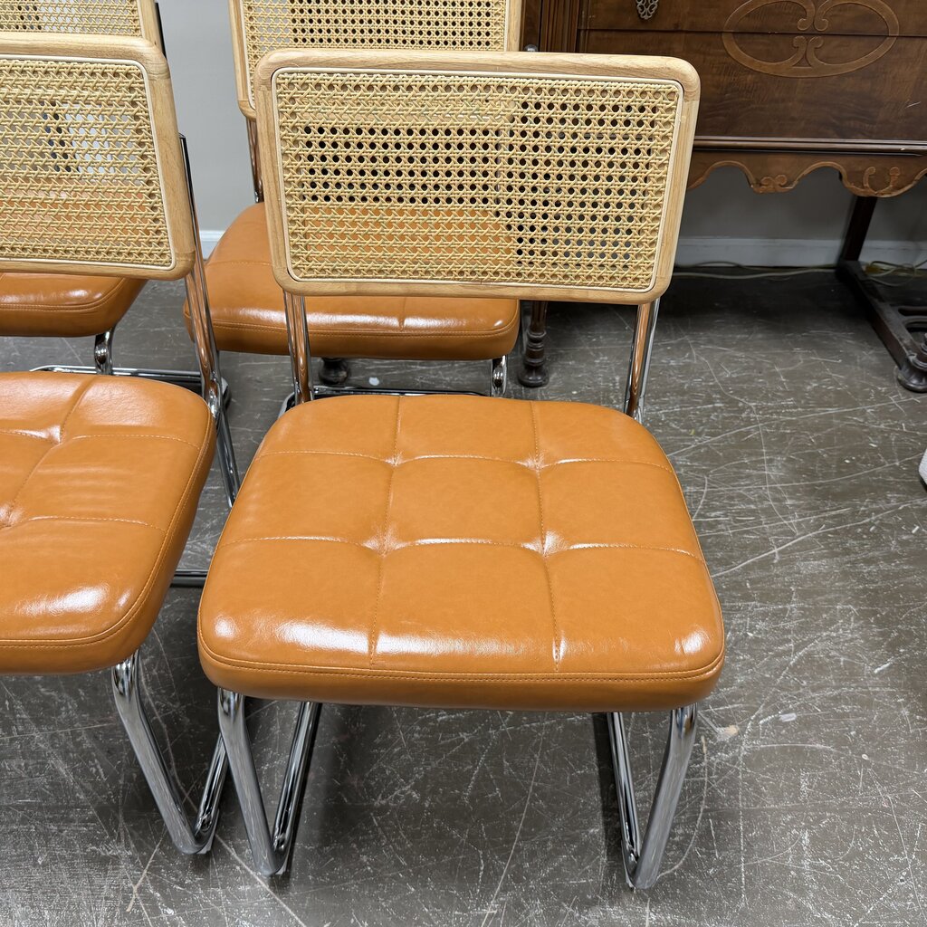 Set/4 Faux Leather, Caned & Aluminum Cantilever Dining Chairs