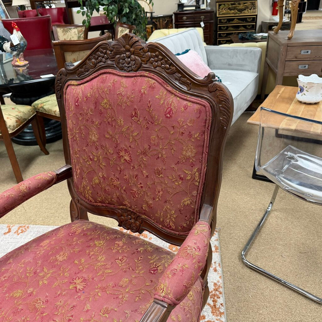 Pair Louis SV Style Carved Wood Armchairs w/Red Floral Upholstry