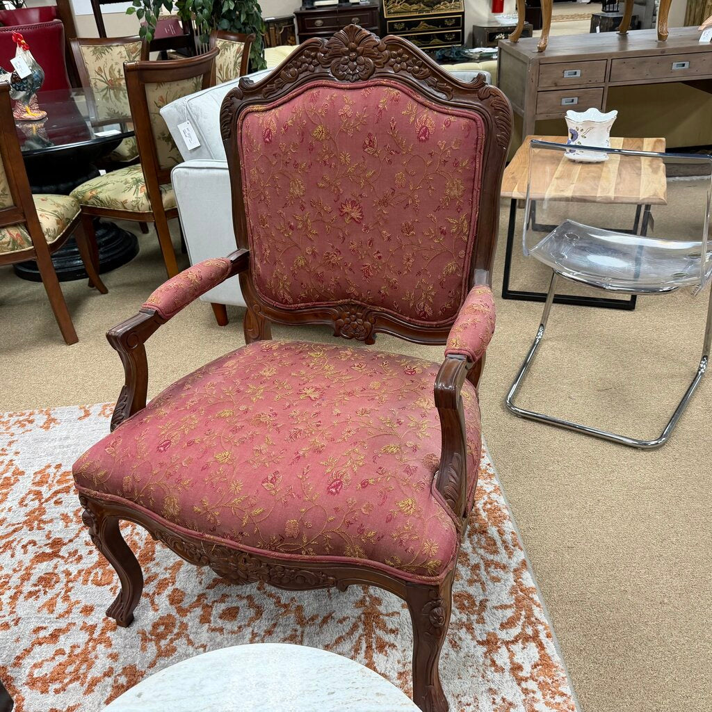 Pair Louis SV Style Carved Wood Armchairs w/Red Floral Upholstry
