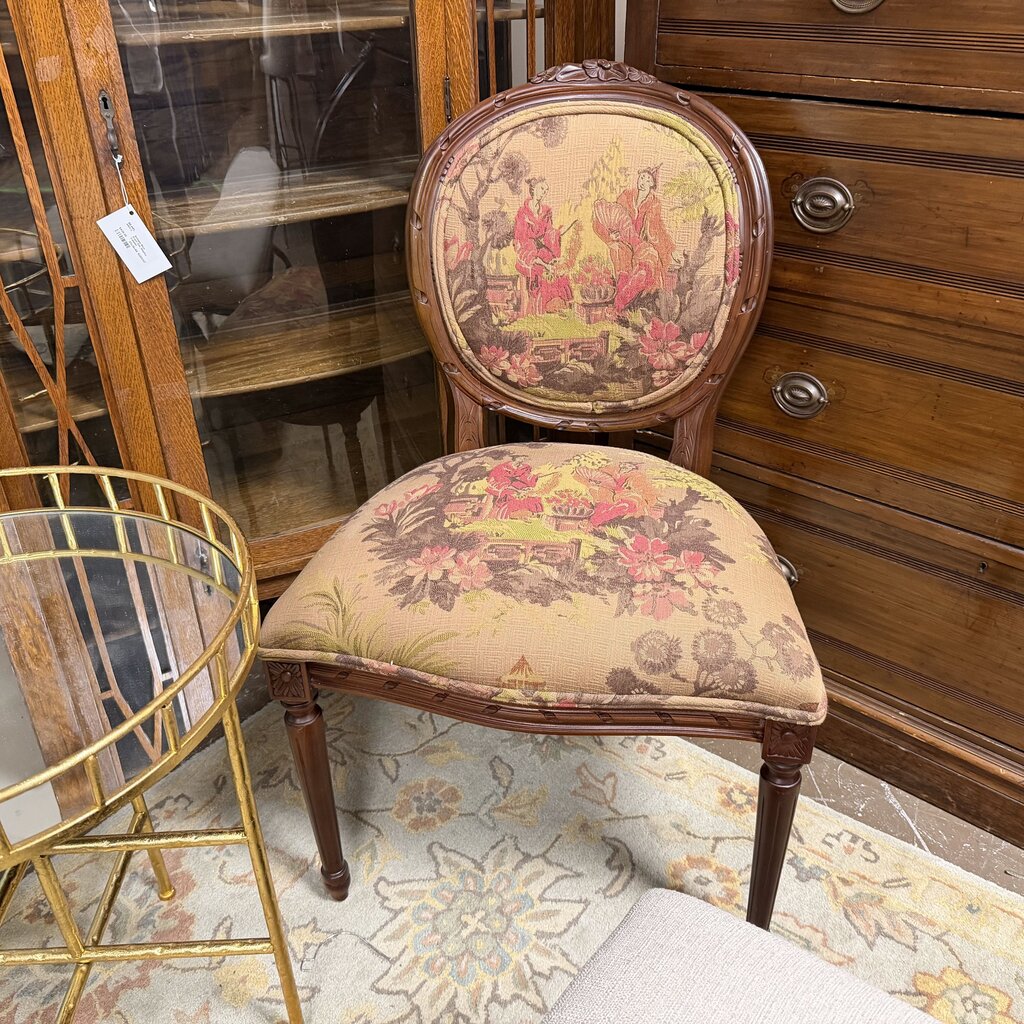 Vintage French Louis XVI Style Chinoiserie Print Carved Wood Salon Chair
