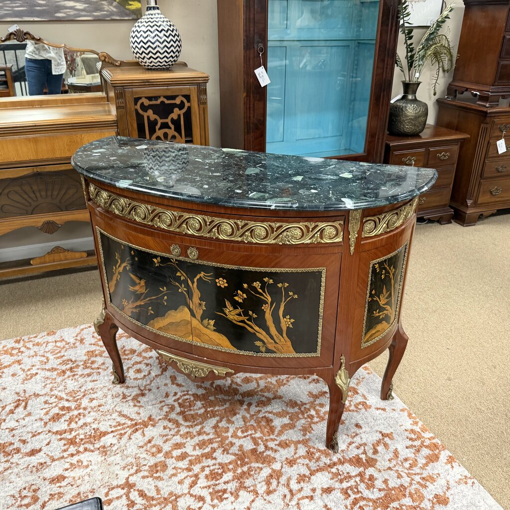 Chinoiserie Lacquer Vintage French Louis XV/XVI Transitional Style Demilune Sideboard w/Gilt-Bronze Ormolu Mounts + Green Marble Top