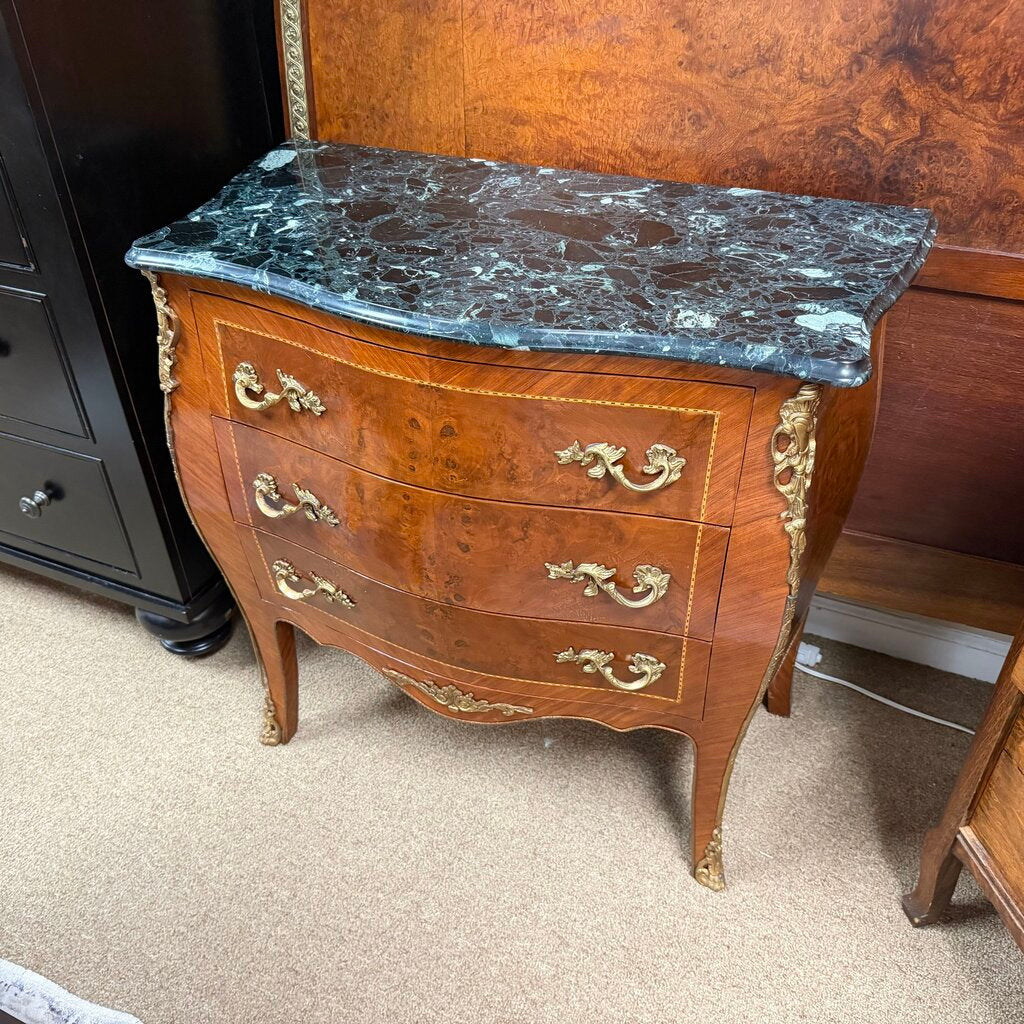 Vintage French Louis XV Style 3-Dr. Petite Bombe Commode w/Gilt-Bronze Ormolu Mounts + Green Marble Top