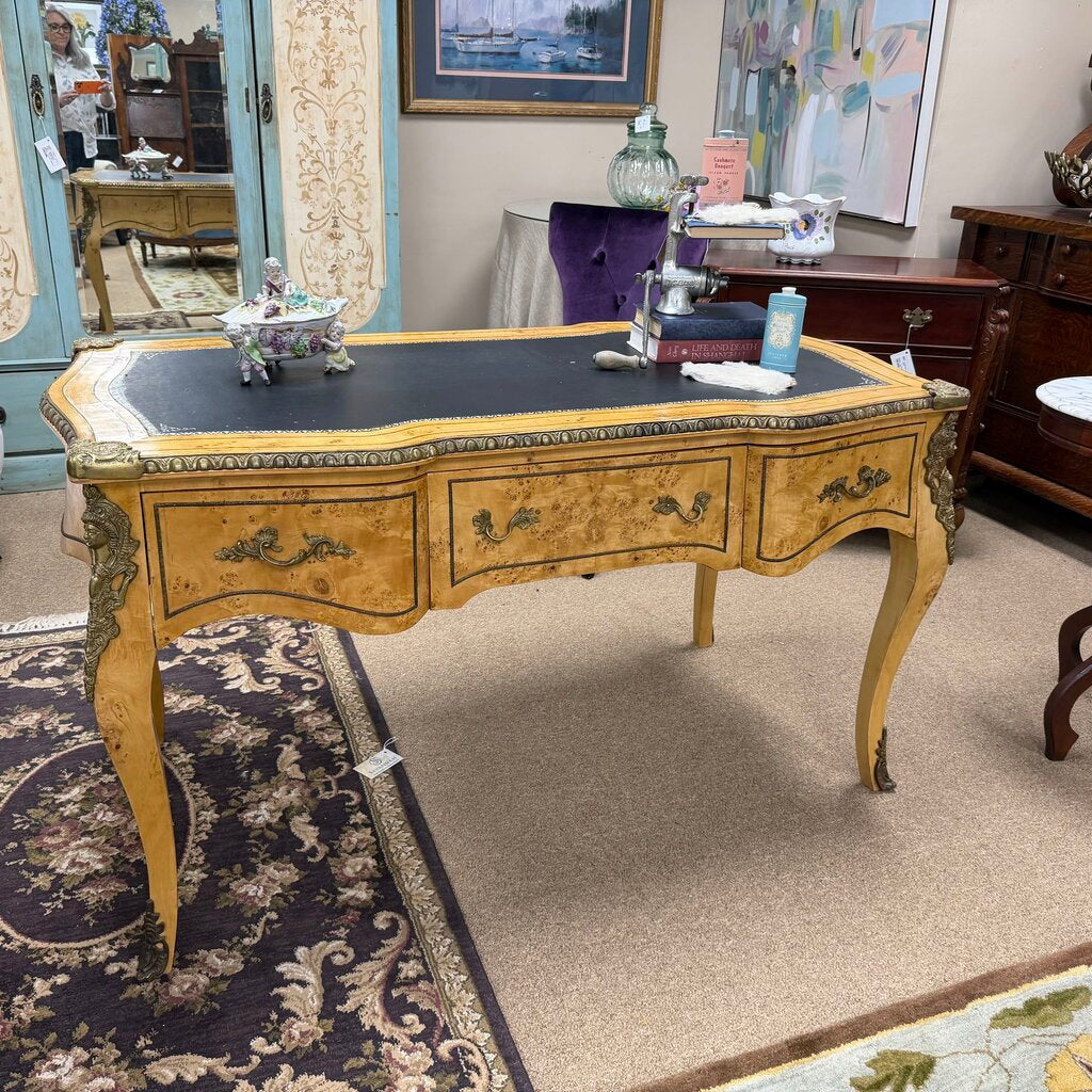 Vintage French Louis XV Style Writing Desk w/Burl Wood Veneer + Gilt-Bronze Ormolu Mounts and Leather Inlay Top