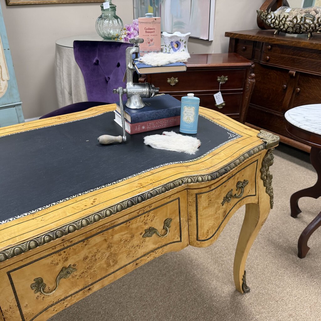 Vintage French Louis XV Style Writing Desk w/Burl Wood Veneer + Gilt-Bronze Ormolu Mounts and Leather Inlay Top