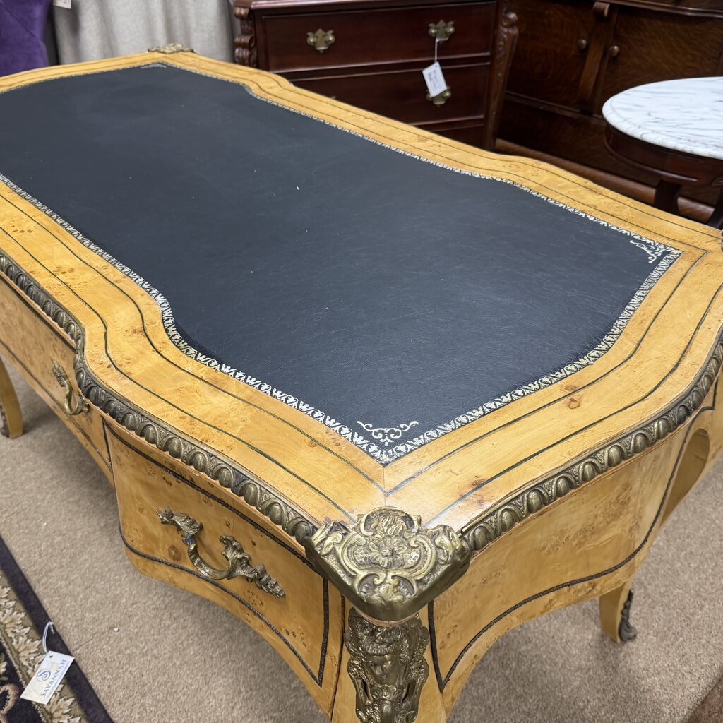 Vintage French Louis XV Style Writing Desk w/Burl Wood Veneer + Gilt-Bronze Ormolu Mounts and Leather Inlay Top