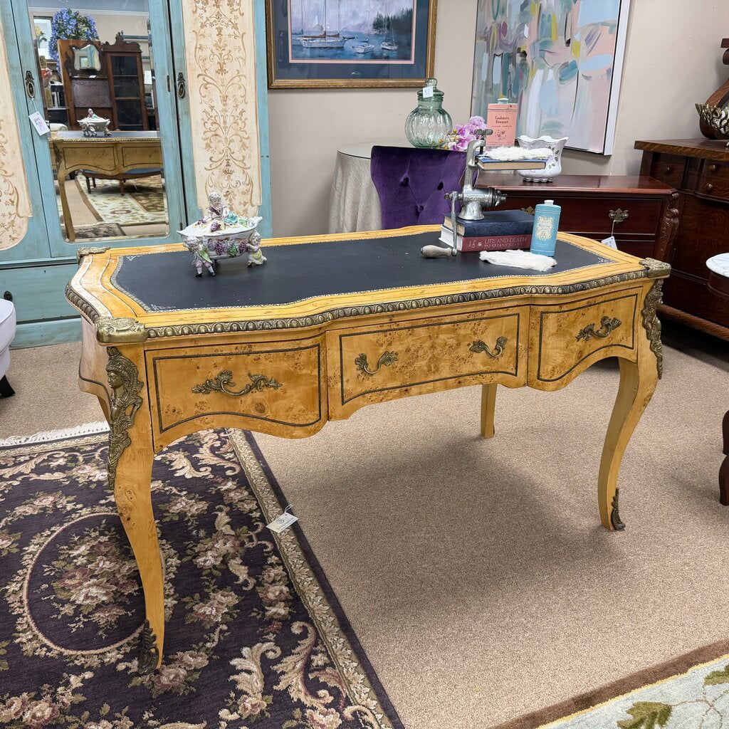 Vintage French Louis XV Style Writing Desk w/Burl Wood Veneer + Gilt-Bronze Ormolu Mounts and Leather Inlay Top
