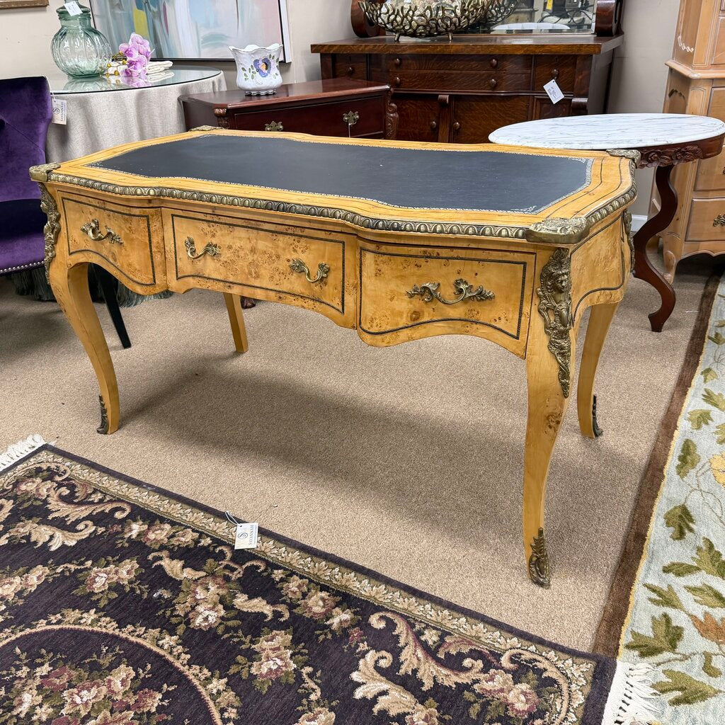 Vintage French Louis XV Style Writing Desk w/Burl Wood Veneer + Gilt-Bronze Ormolu Mounts and Leather Inlay Top