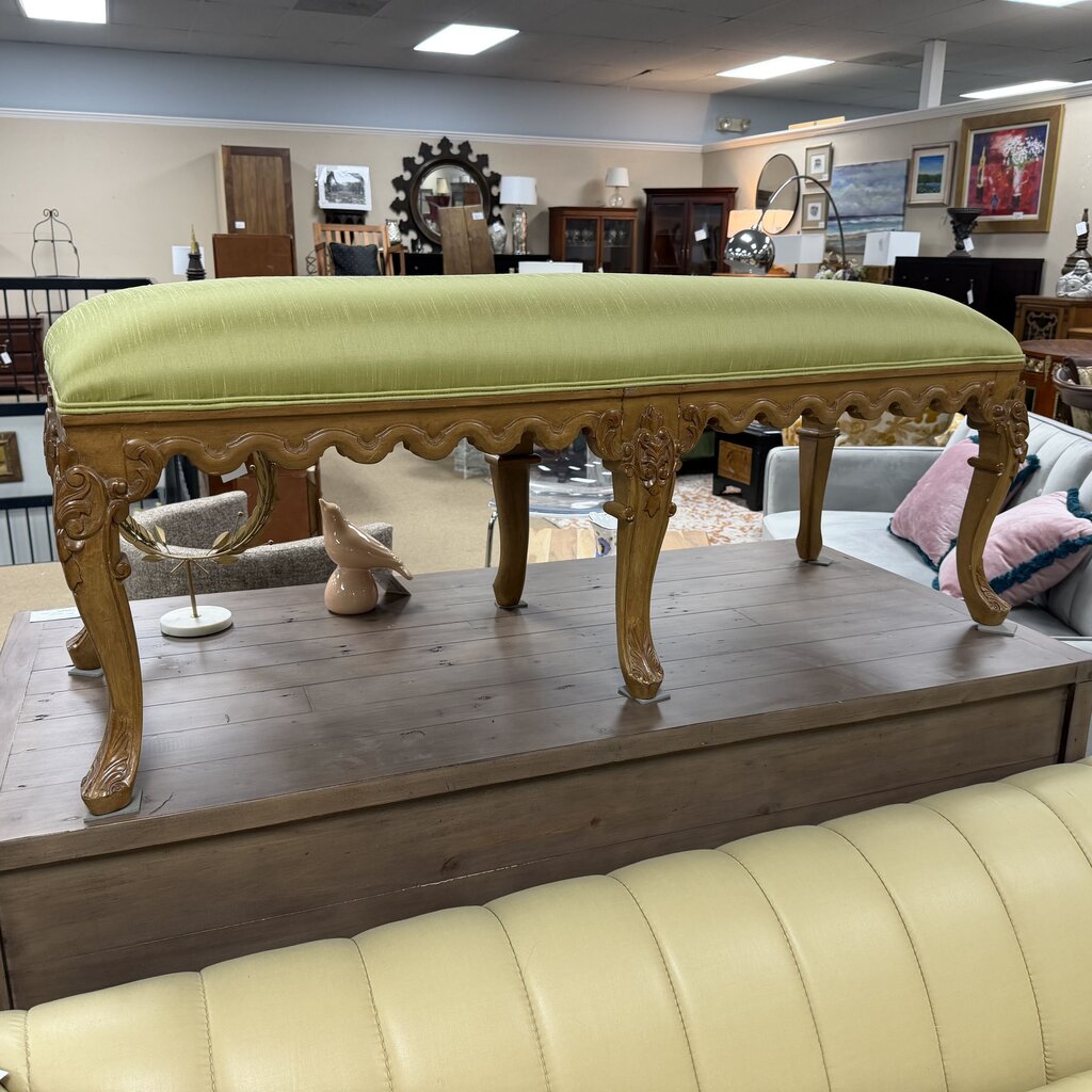 French Provincial Six-Leg Long Vanity Bench w/Green Silk Upholstery