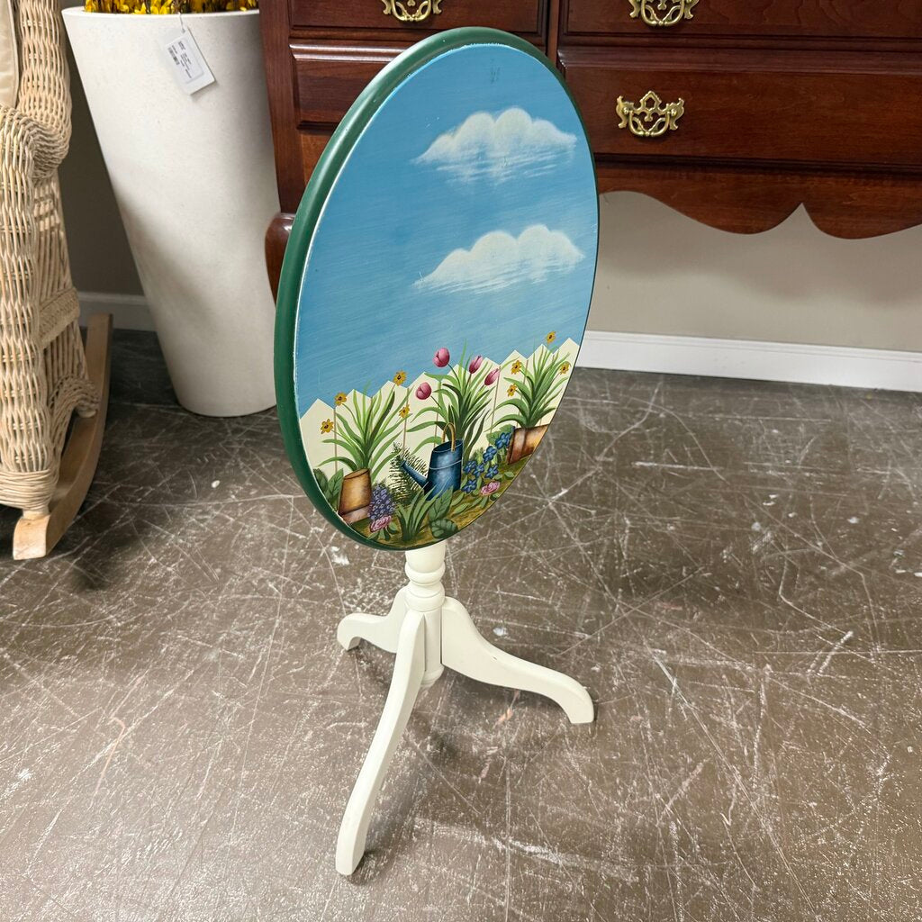 Small Garden Theme Painted Tilt Top Pedestal Table