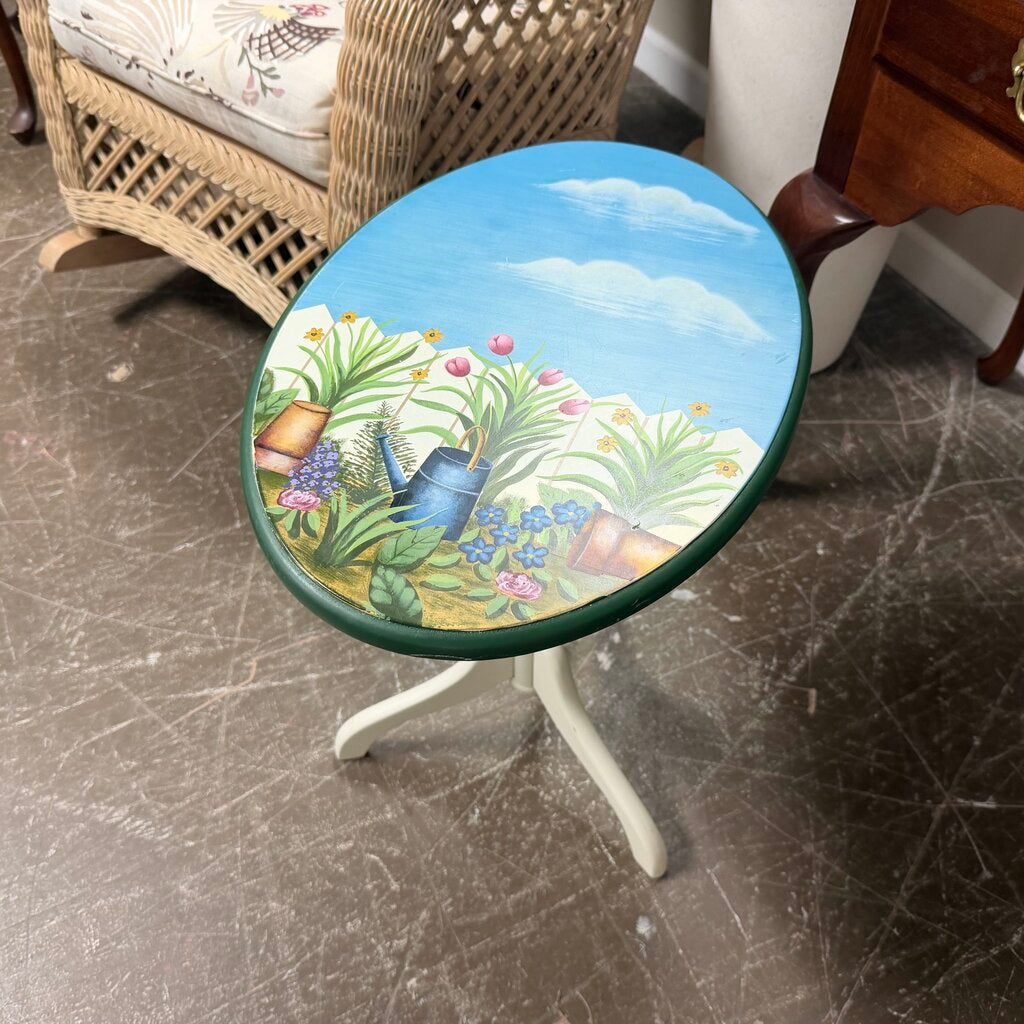 Small Garden Theme Painted Tilt Top Pedestal Table