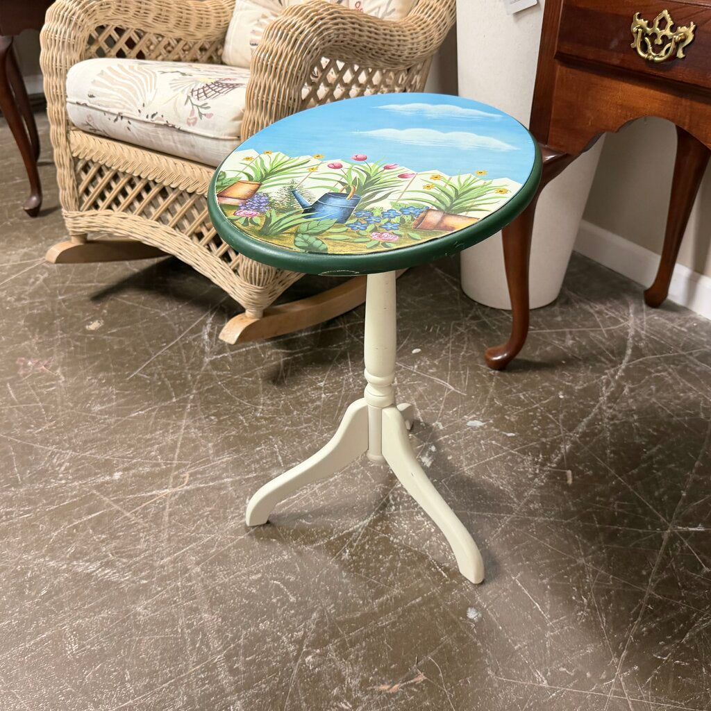 Small Garden Theme Painted Tilt Top Pedestal Table