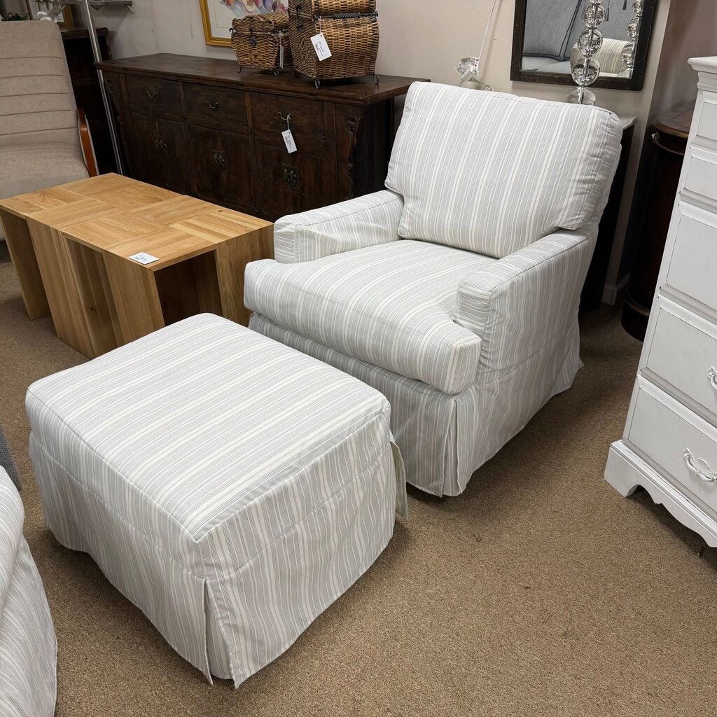 Pair Slipcovered Swivel Rockers + Ottoman