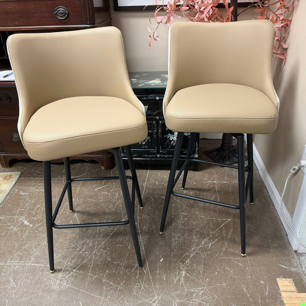 Pair Faux Leather Twol-Tone Swivel Bar Stools