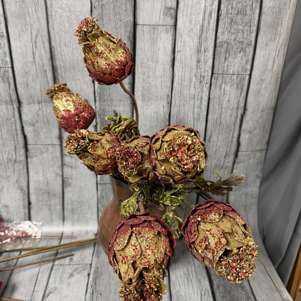 Set/3 Glittered Red + Green Floral Stems