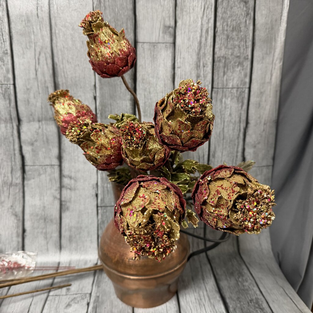 Set/3 Glittered Red + Green Floral Stems