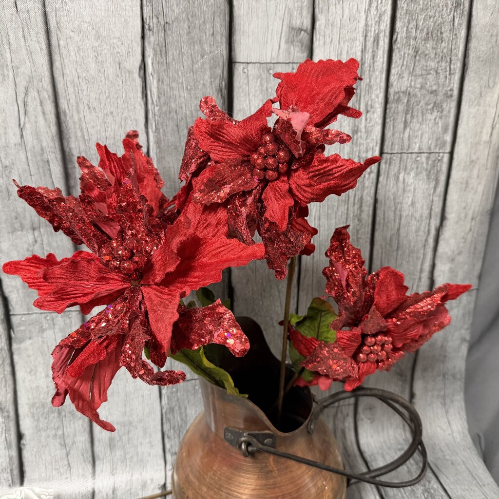Set/4 Glittered Red Poinsettia Floral Stems