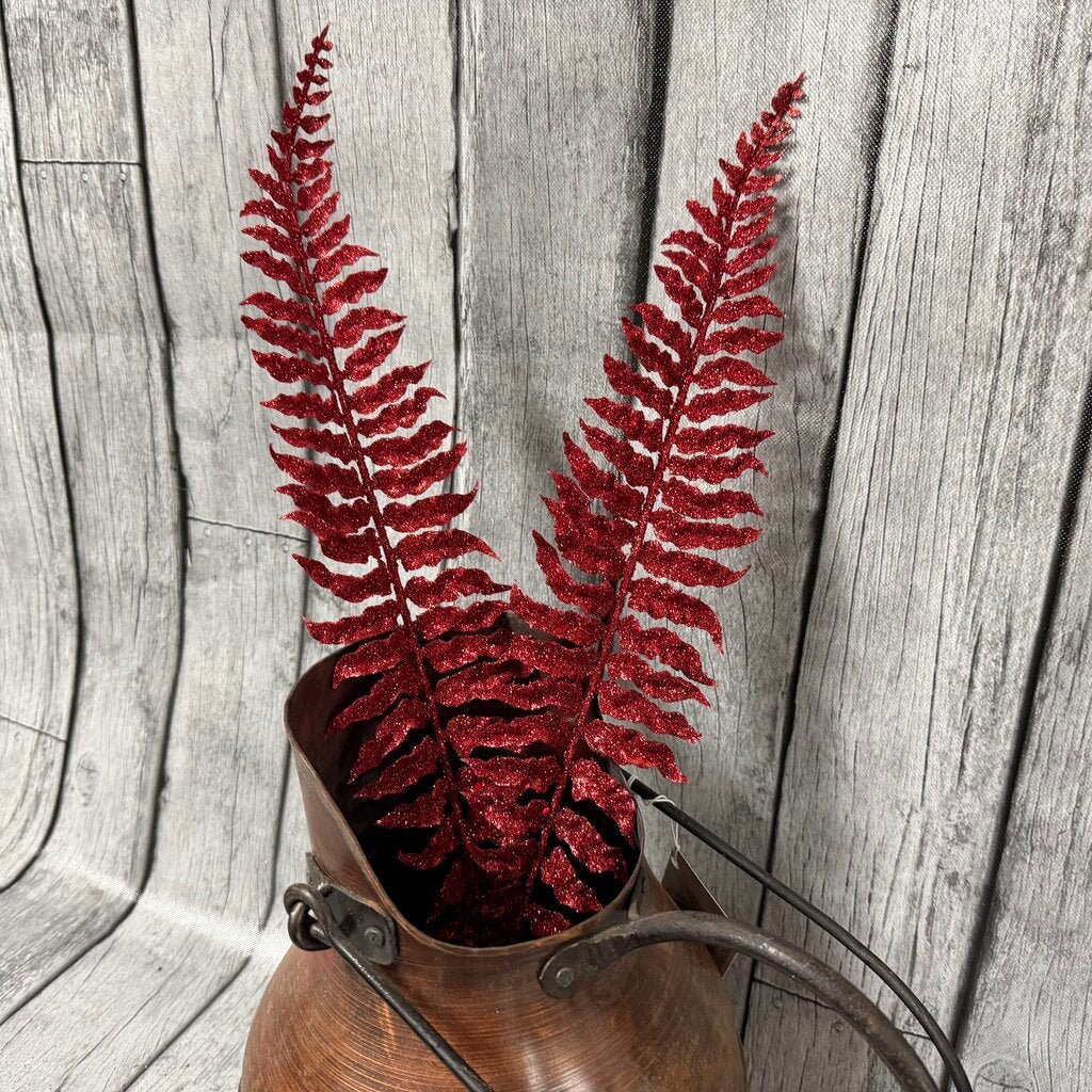 Pair Glittered Red Fern Leaves