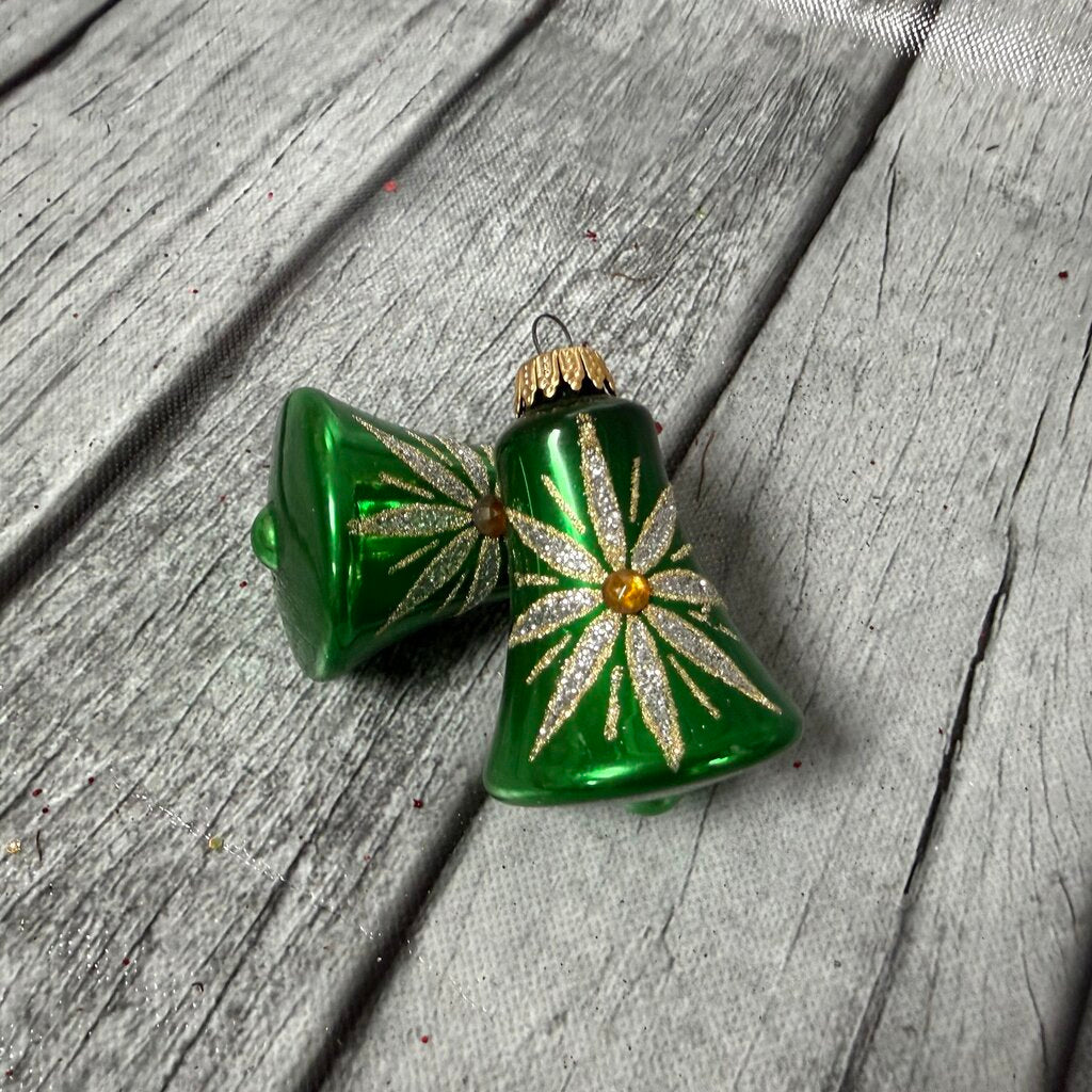 Pair Green Glass Poinsettia Ornaments