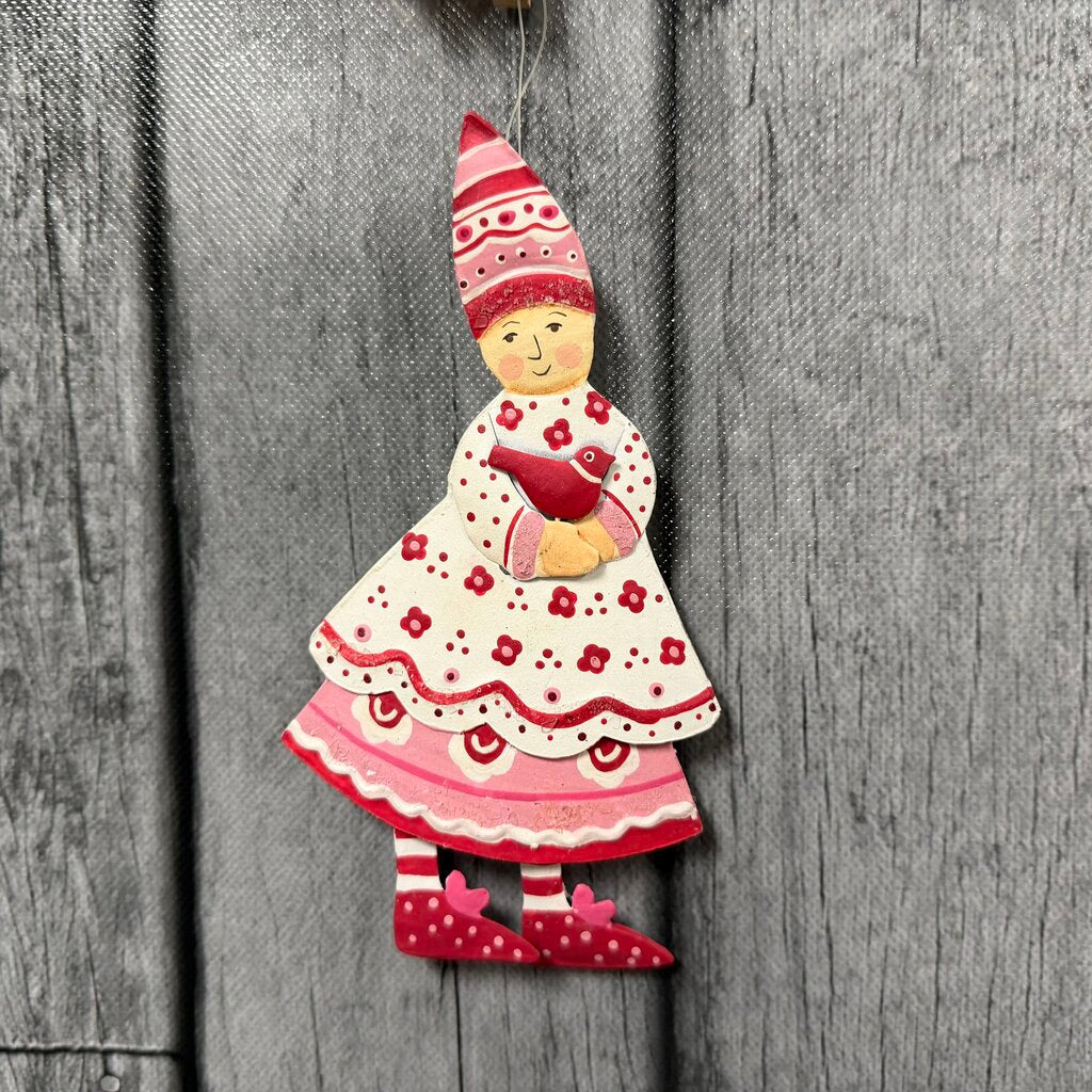 Tin Folk Art Girl w/Bird Ornament