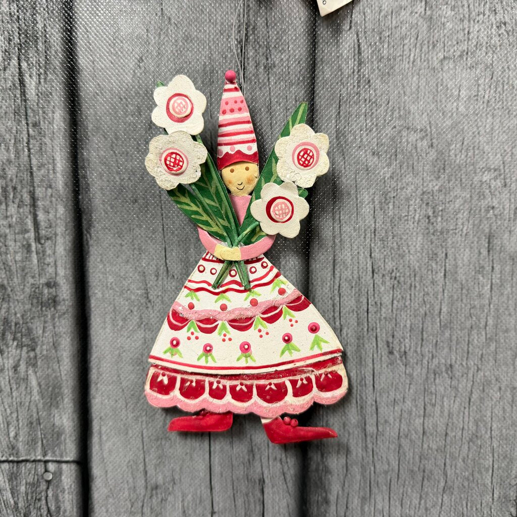 Tin Folk Art Girl w/Flowers Ornament