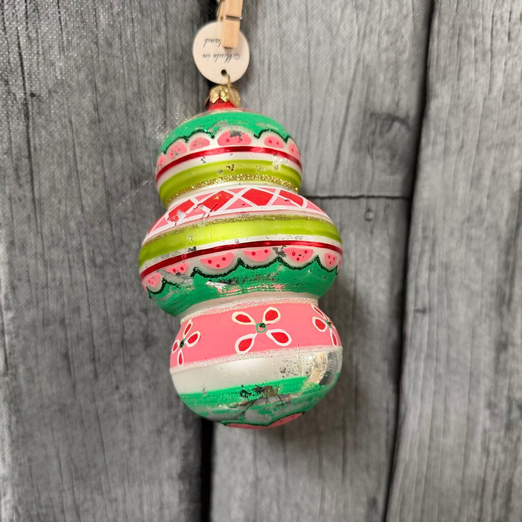 Pink & Green Distressed Blown Glass Ornament