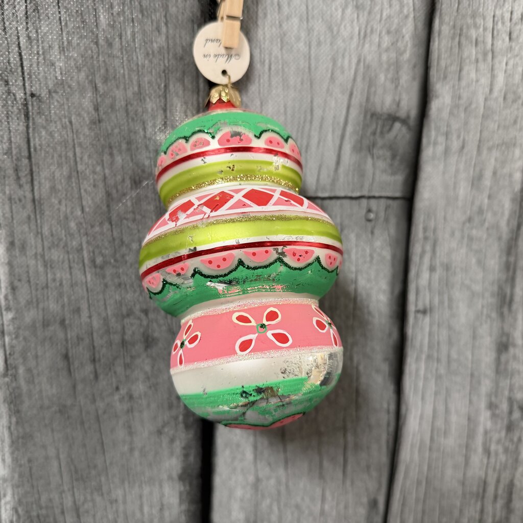 Pink & Green Distressed Blown Glass Ornament