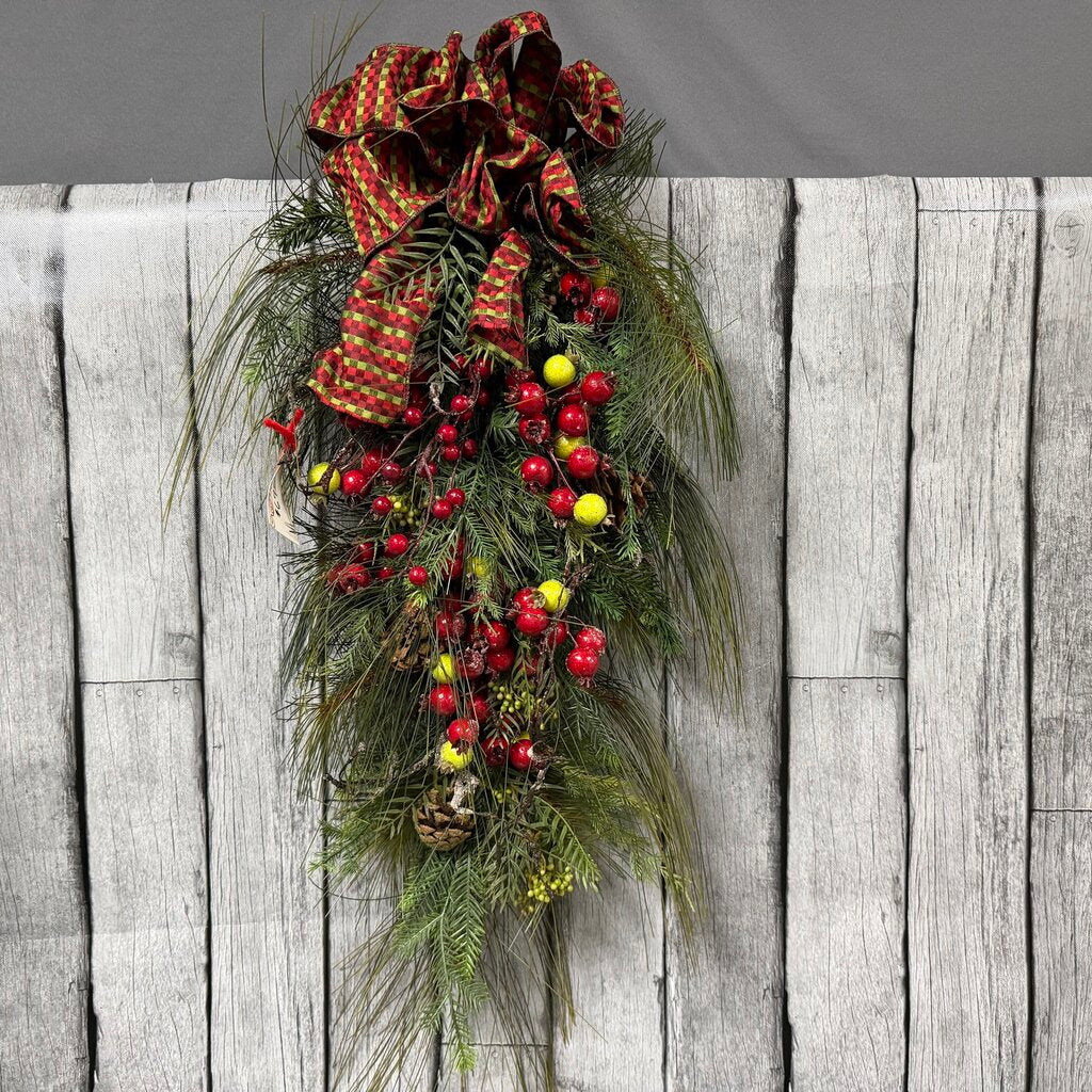 Greenery Wreath Swag with Red + Green Berries + Bow