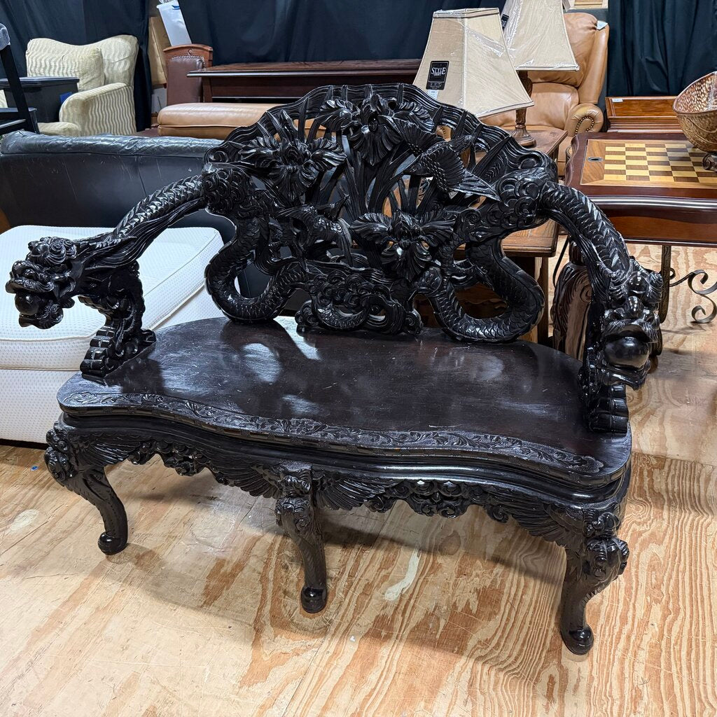Late 19th Century Meiji Period Ebonized Wood Carved Dragon Bench