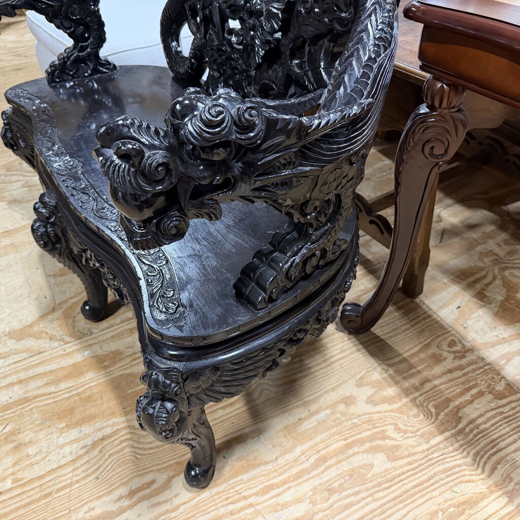 Late 19th Century Meiji Period Ebonized Wood Carved Dragon Bench