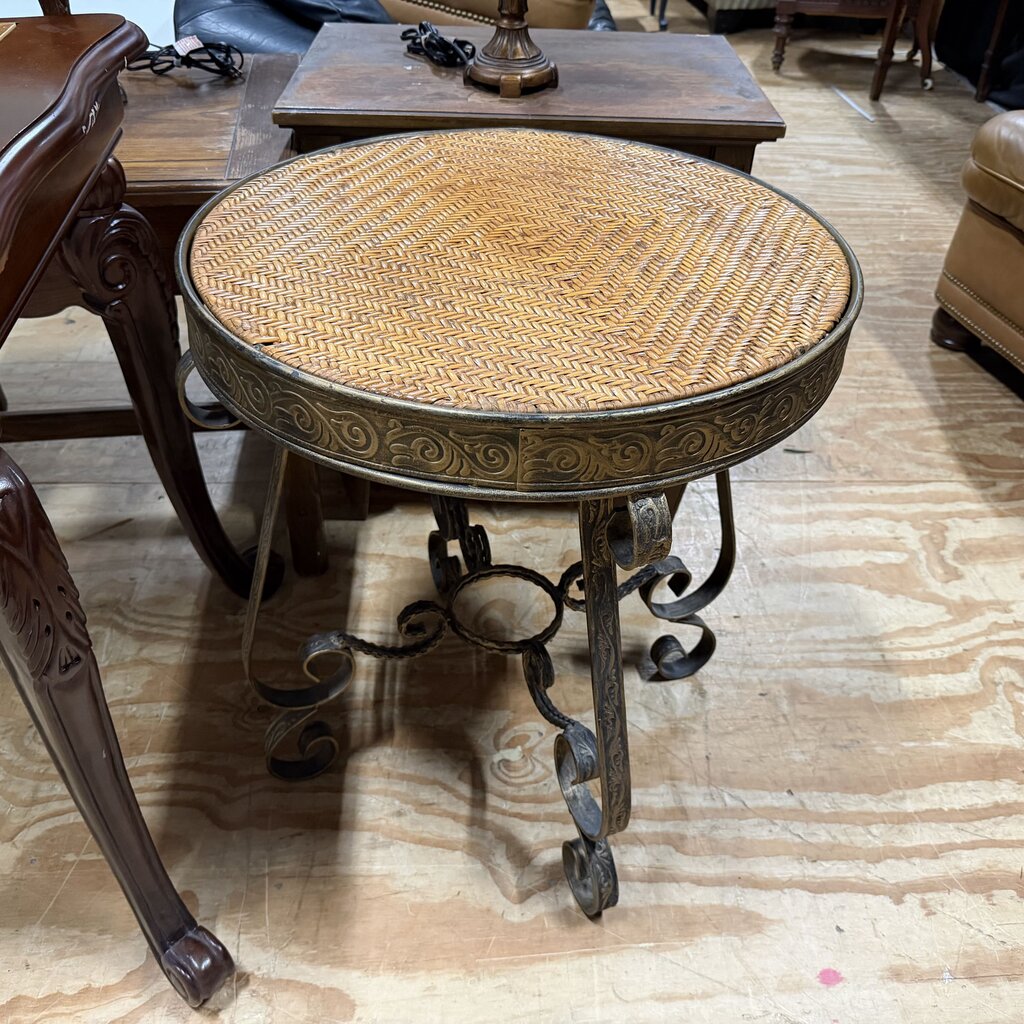 Round Metal + Woven Side Table