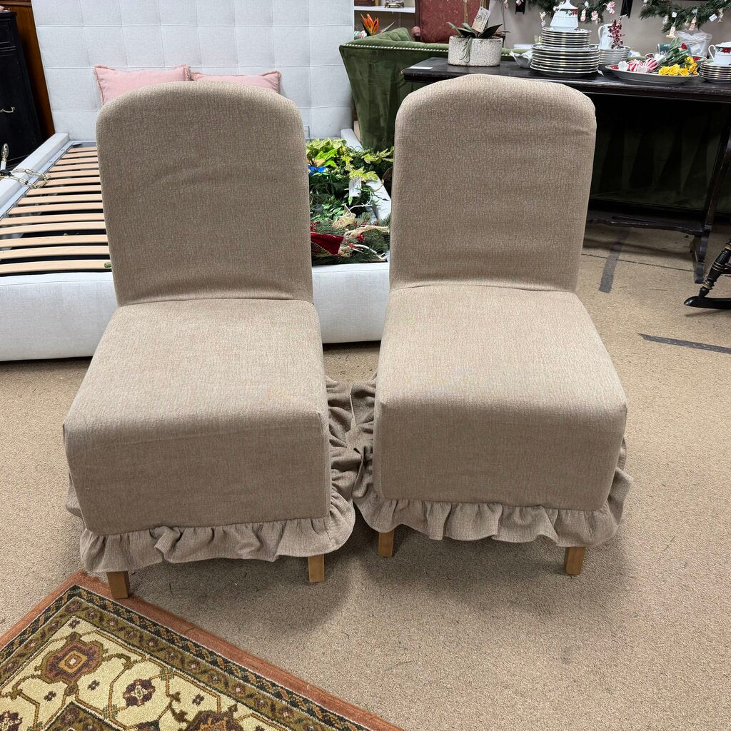 *NEW* Pair Taupe Ruffle Slipcovered Chairs