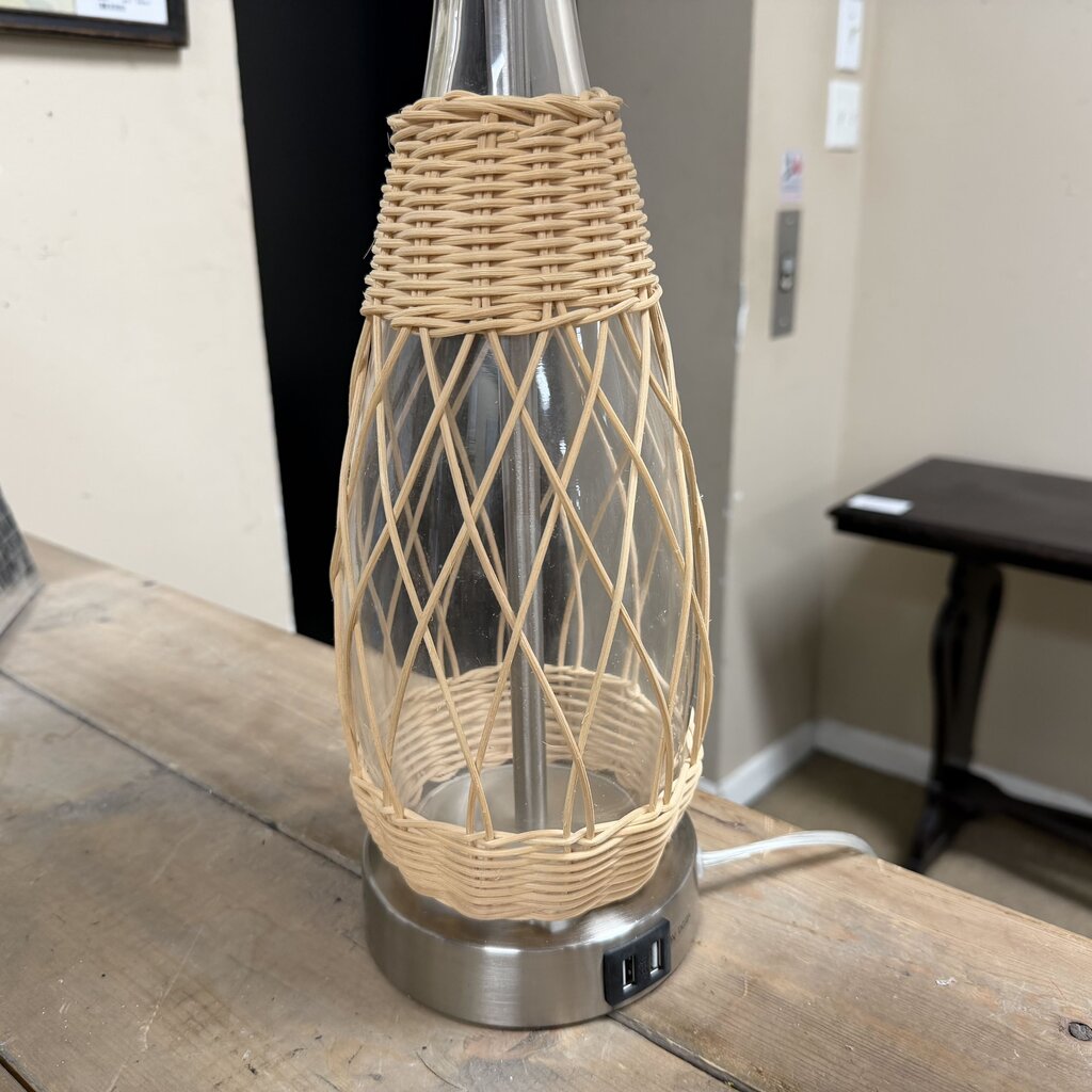 Pair Wicker Wrapped Glass Lamps w/USB Plugs