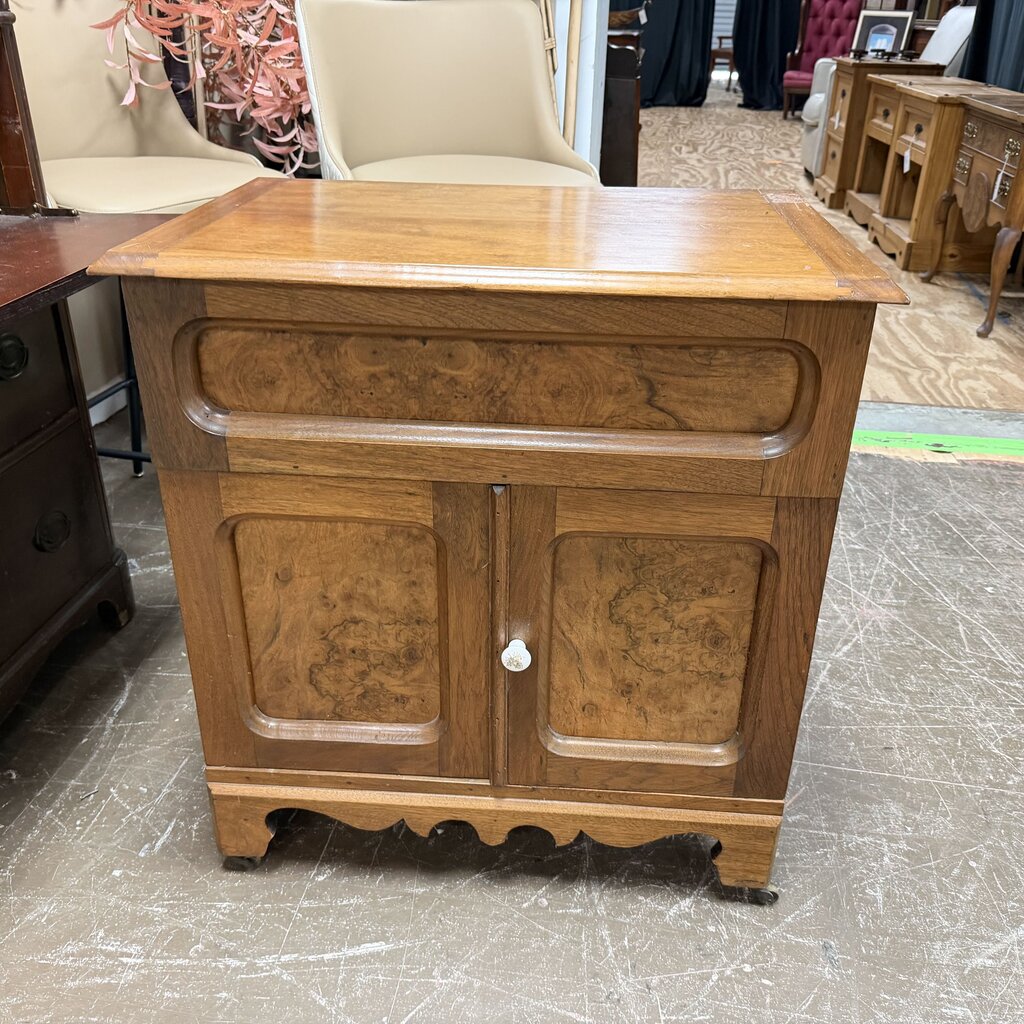 Vintage Wooden Commode Cabinet w/Burled Wood Veneer