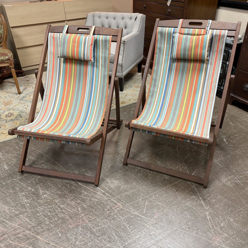 Pair Vintage Wood Sling Chairs