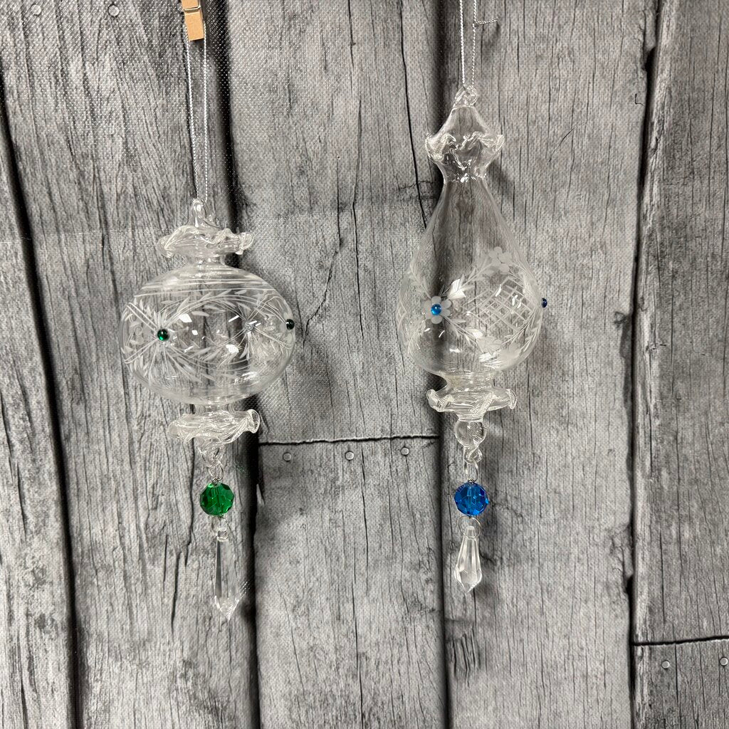 Pair Etched Glass Ornaments