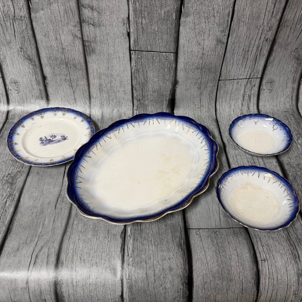 4-pc Antique 1920s Flow Blue China w/Gold Trim Serveware