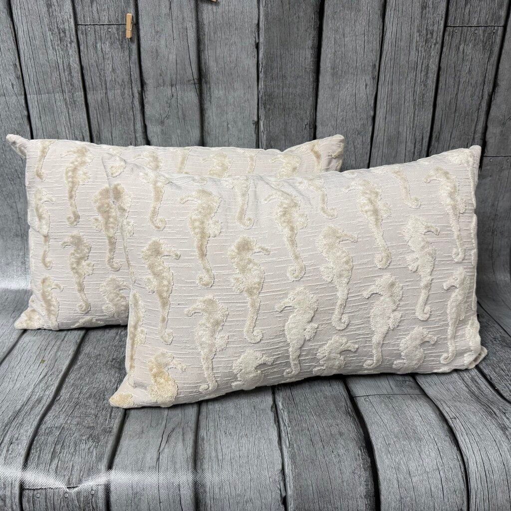 Pair Down Filled Cream Velvet Seahorse Design Pillows