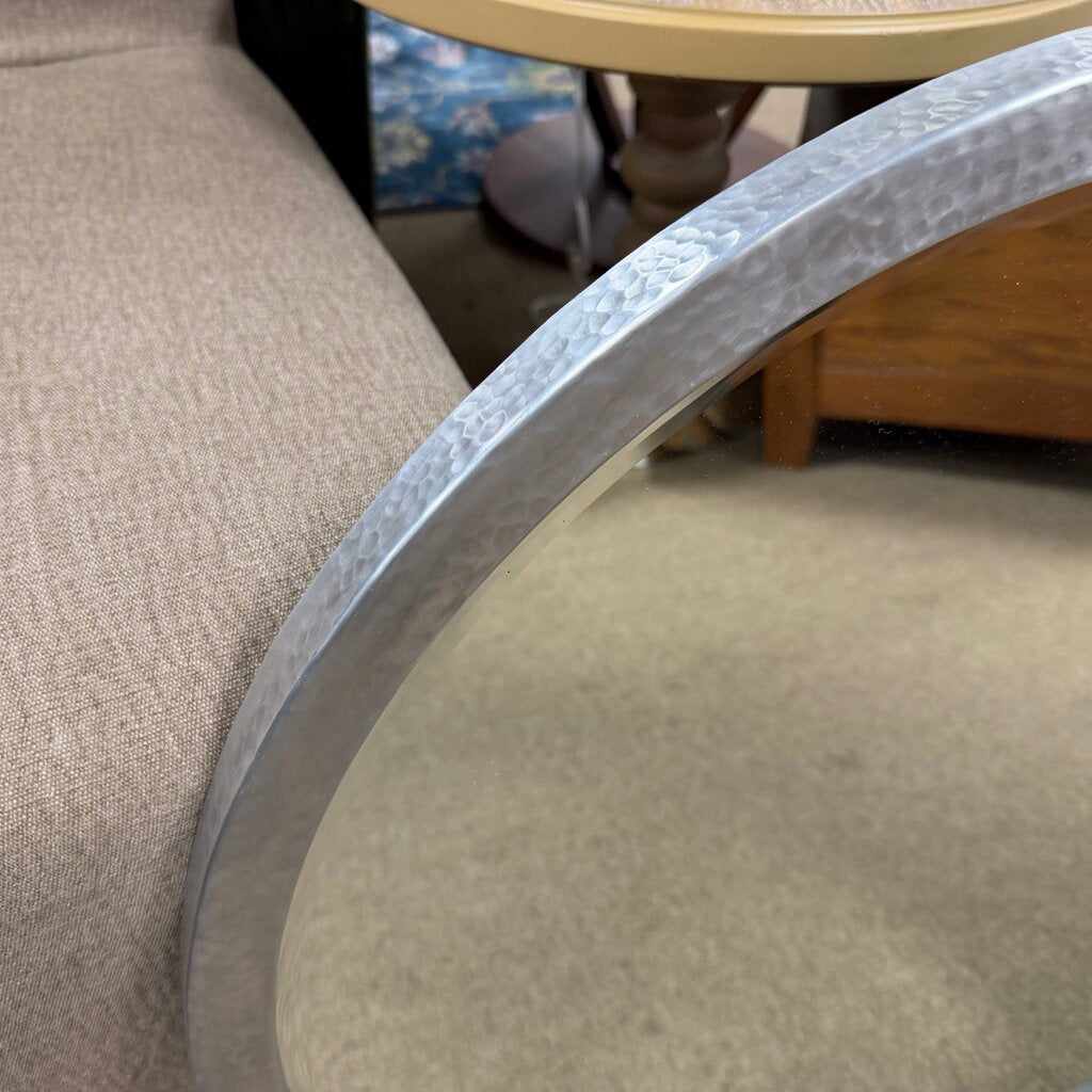Round Silver Hammered Metal Framed Mirror