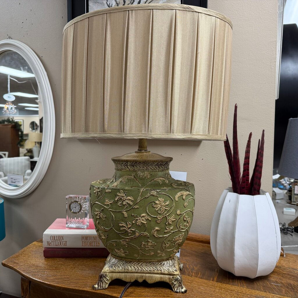 Green Wood Floral Carved Lamp