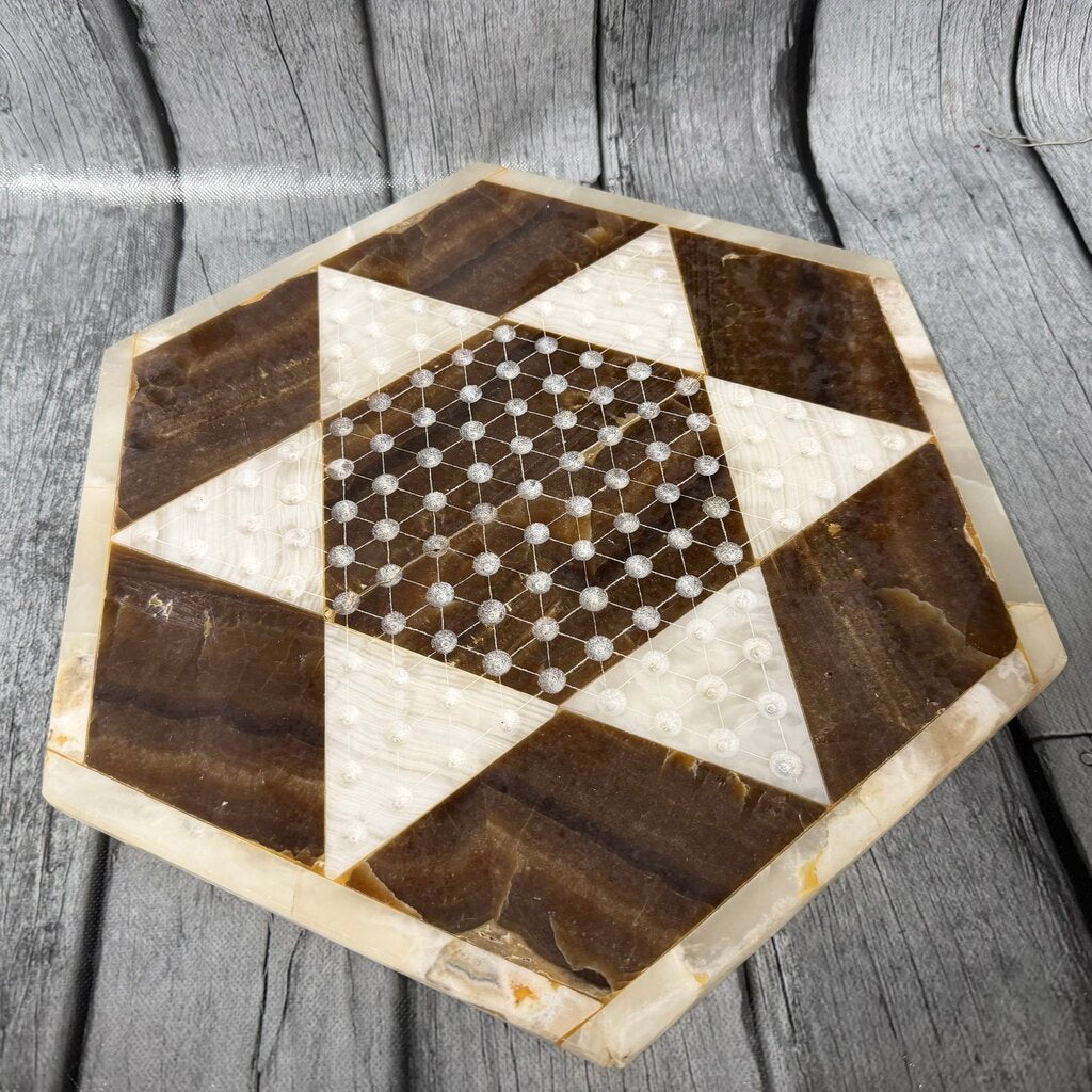 Vintage Chinese Checkers Board Crafted from Polished Stone w/Game Pieces