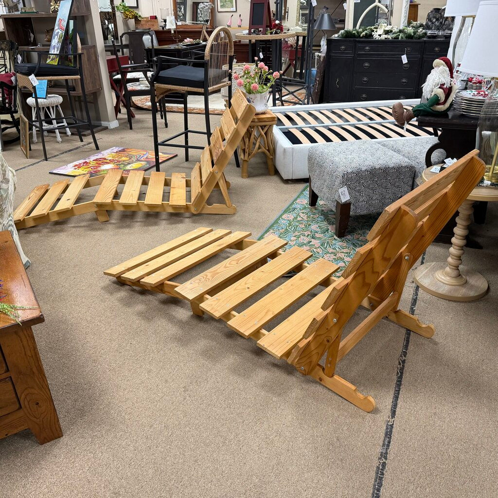 Pair Wood Slat Low Loung Chairs/Beach Loungers