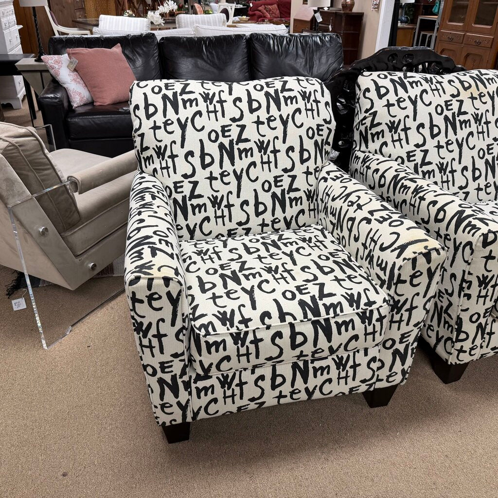 Pair Grafitti Print Accent Chairs (beige slipcovers included)