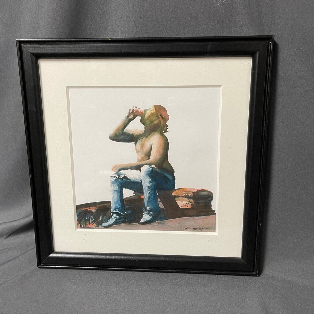 Framed Watercolor of a Man Drinking